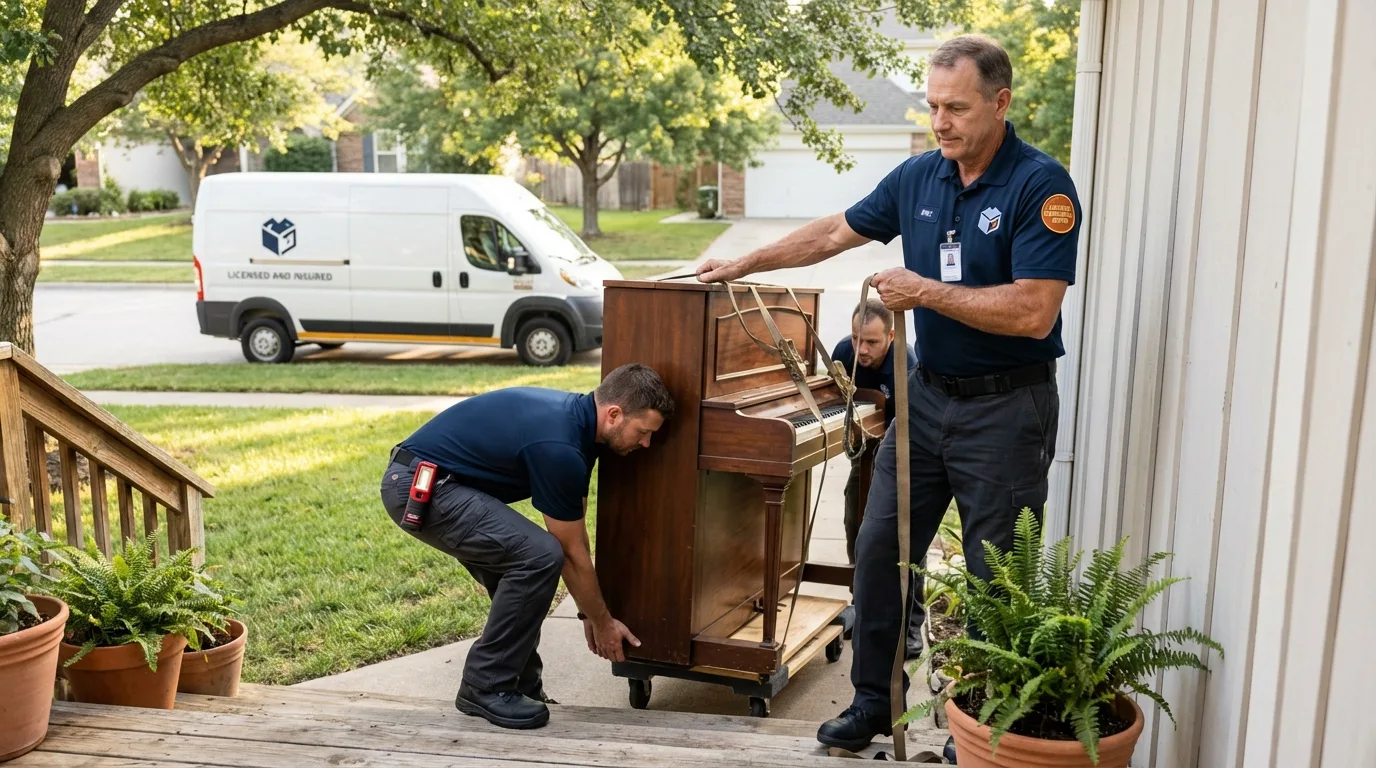 Licensed piano movers securing grand piano in Florissant, MO