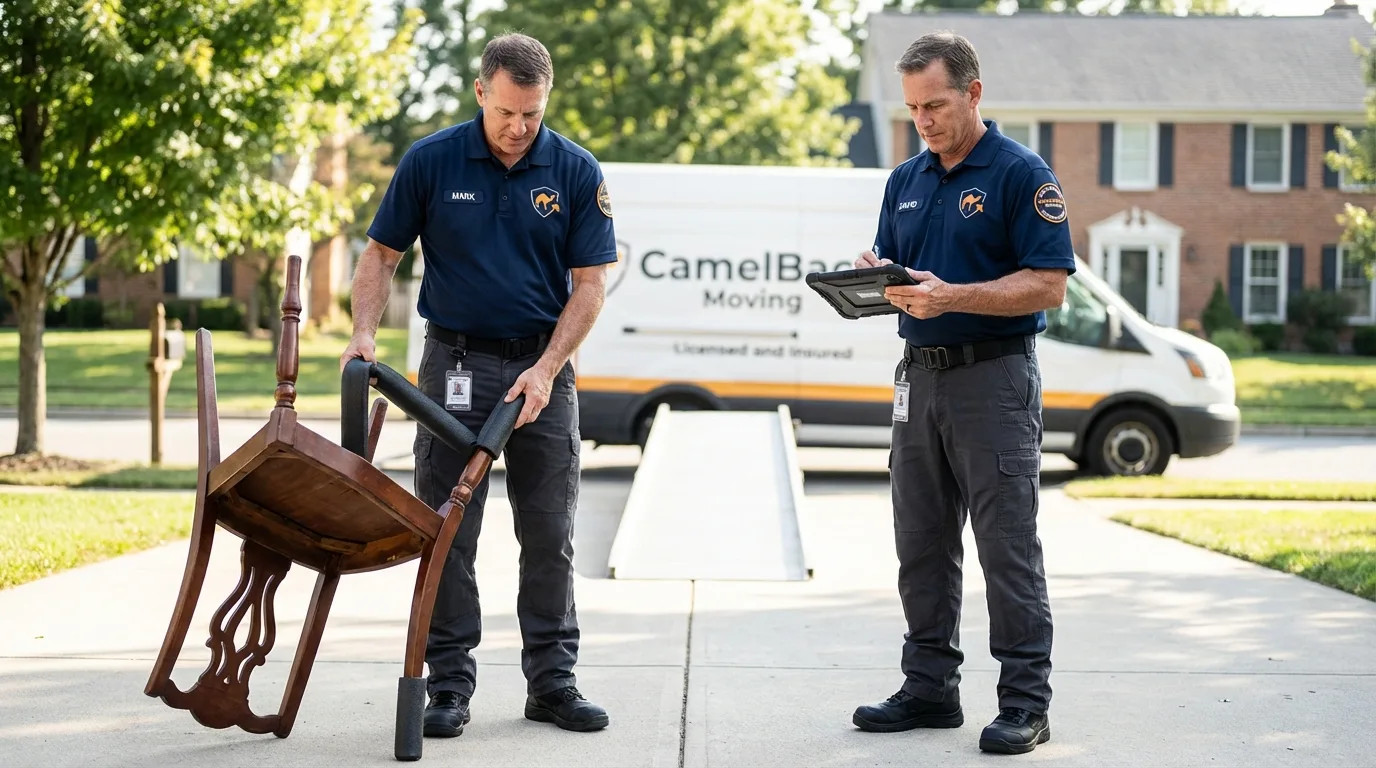Movers inspecting furniture for damage prevention before loading in Florissant, MO