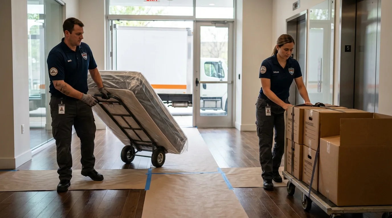 Professional apartment movers loading elevator in Florissant, MO
