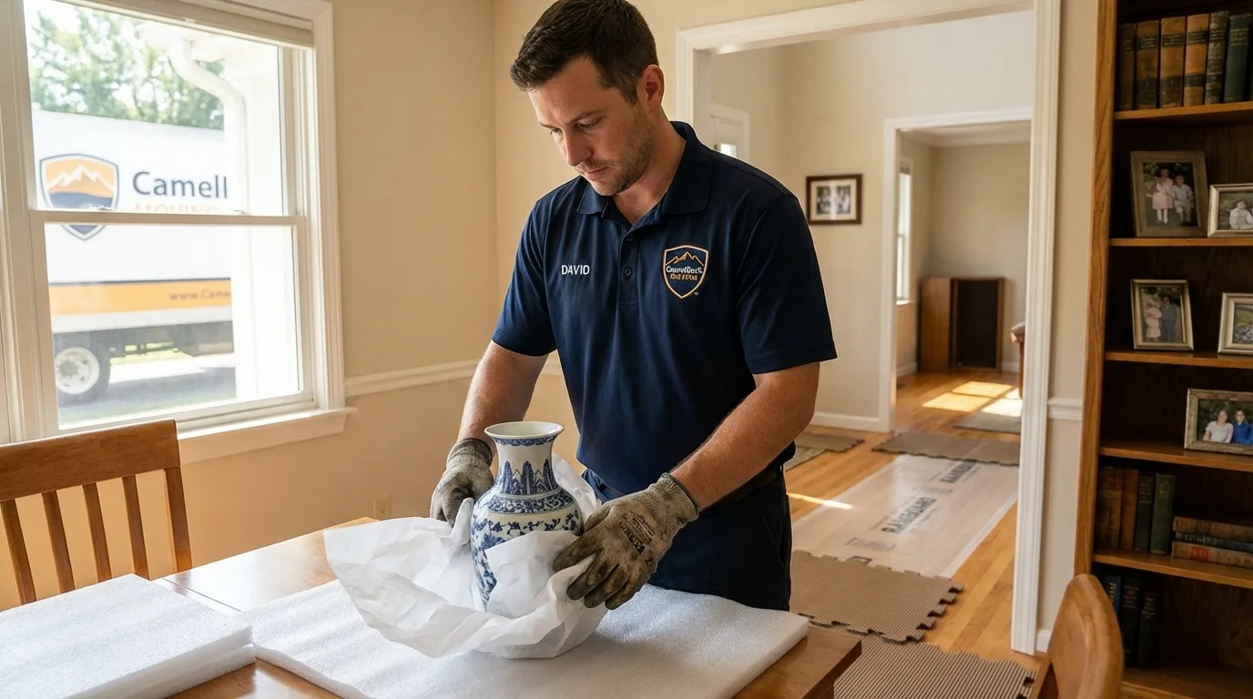 Professional crew carefully wrapping antique vase for senior downsizing move in Florissant, MO